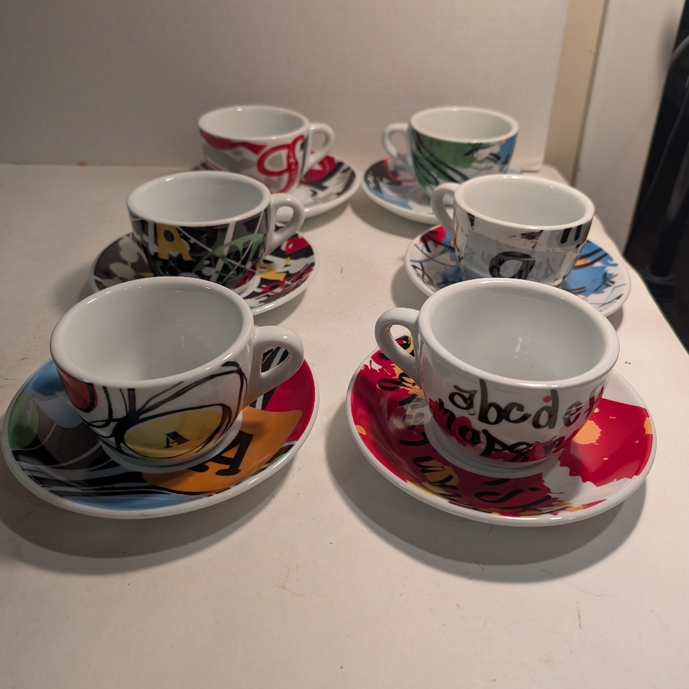 Six Vintage Italian Toscana Abstract Art Print Espresso Cups And Saucers.